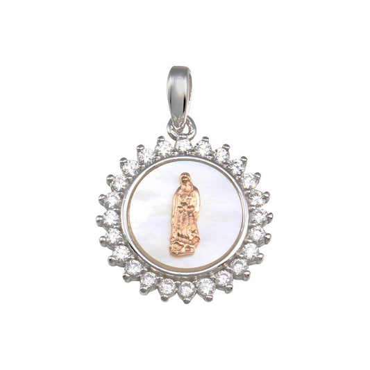 925 Sterling Silver Two-Toned Synthetic MOP Virgin Mary Medallion Pendant