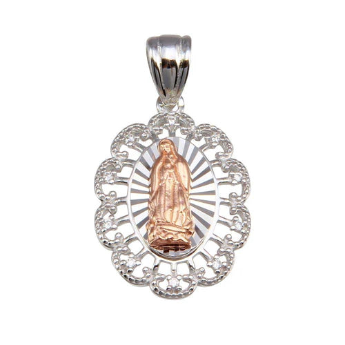 925 Sterling Silver 2 Toned Plated Lady of Guadalupe Flower CZ Pendant
