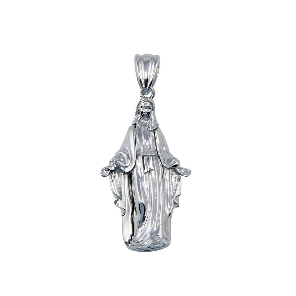 925 Sterling Silver Rhodium Plated Hollow Mother Mary Pendant 32mm