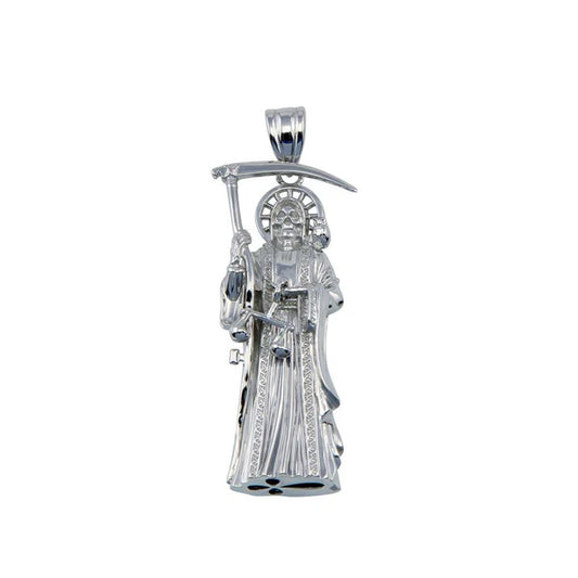 925 Sterling Silver Rhodium Plated Hollow Santa Muerte Pendant 40mm