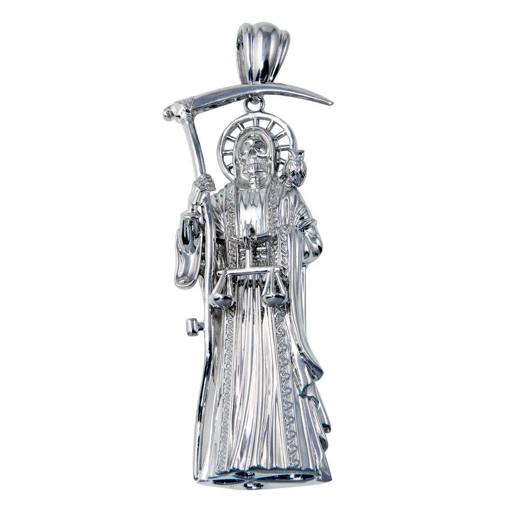 925 Sterling Silver Rhodium Plated Hollow Santa Muerte Pendant 71mm