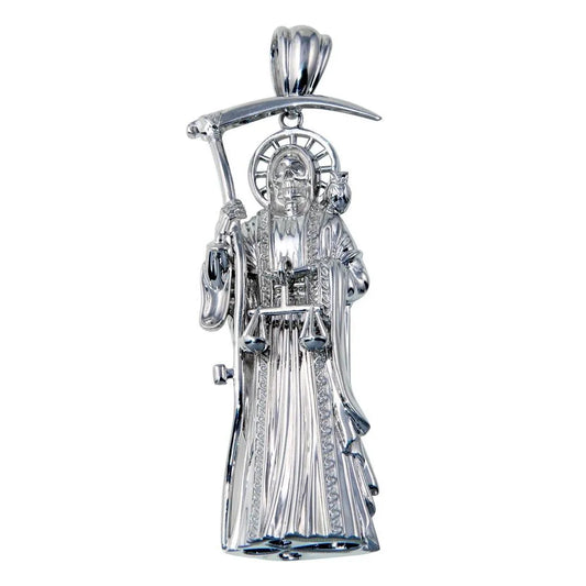 925 Sterling Silver Rhodium Plated Hollow Santa Muerte Pendant 71mm