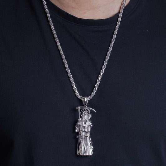 925 Sterling Silver Rhodium Plated Hollow Santa Muerte Pendant 71mm