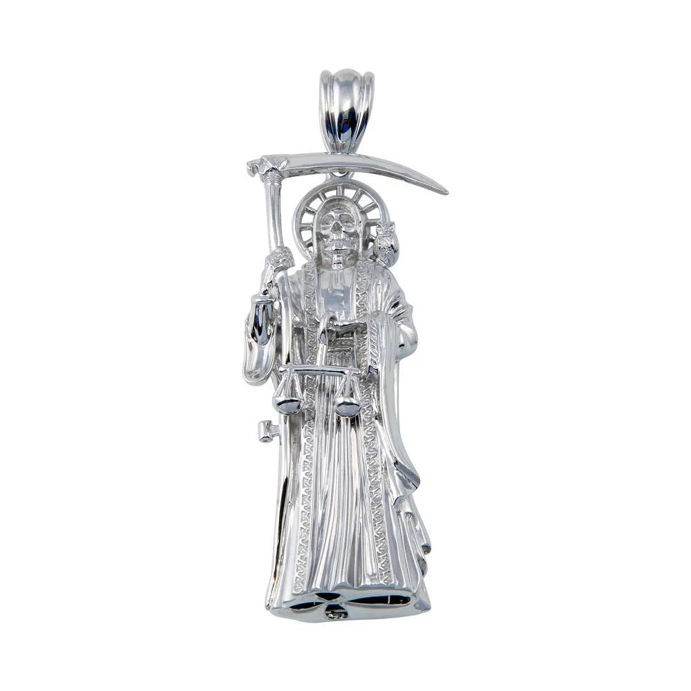 925 Sterling Silver Rhodium Plated Hollow Santa Muerte Pendant 60mm