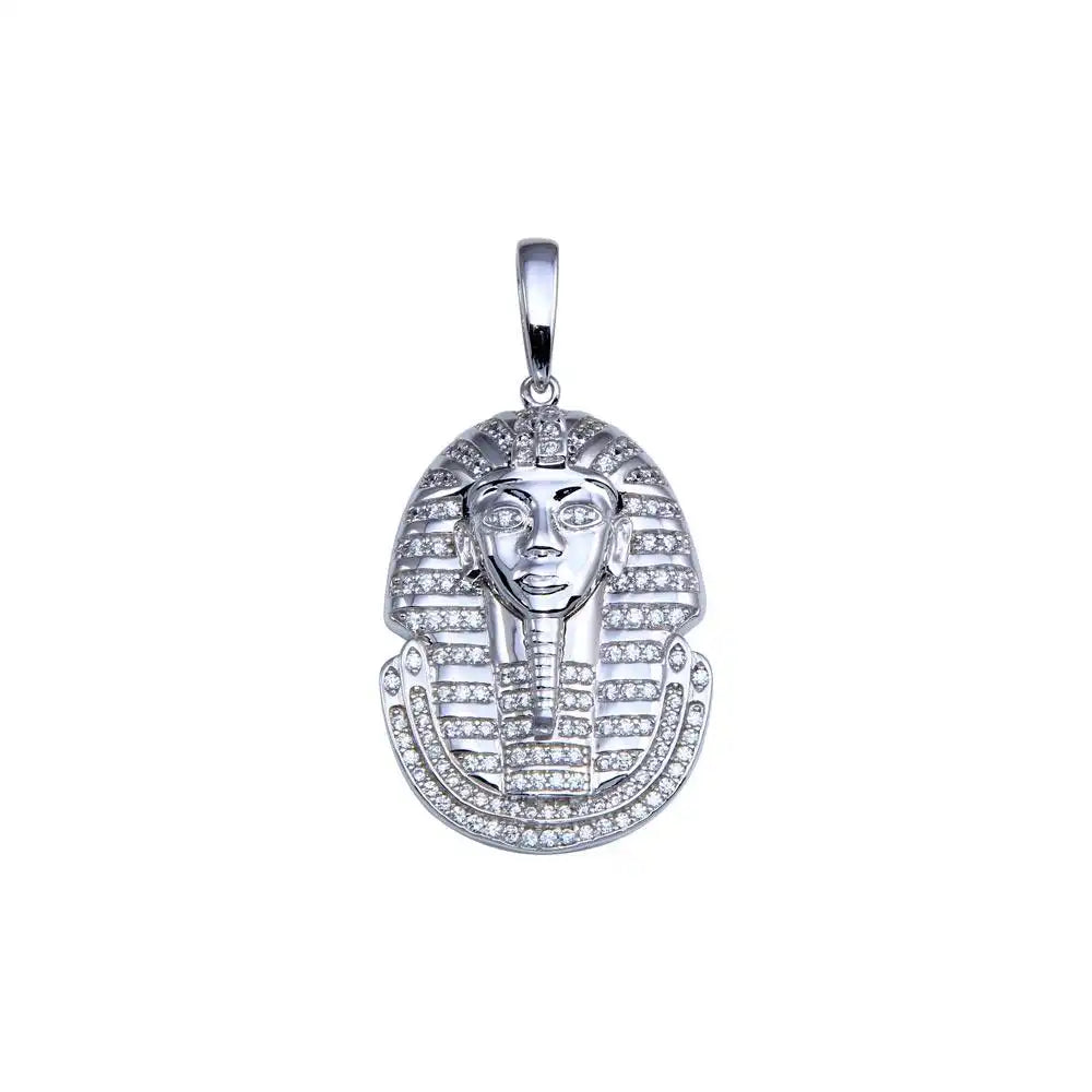 925 Sterling Silver Rhodium Plated CZ Egyptian Pharaoh Pendant