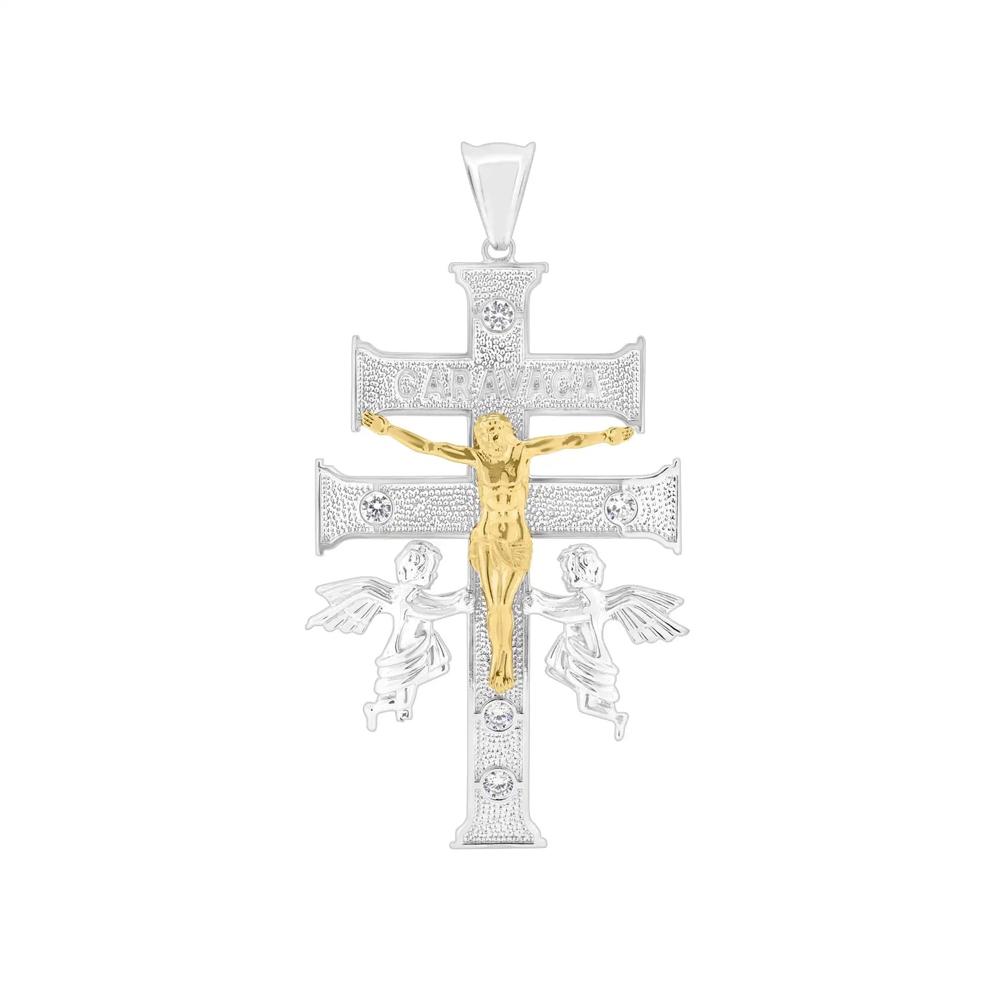 925 Sterling Silver 2 Toned Plated Caravaca Cross Clear CZ Pendant