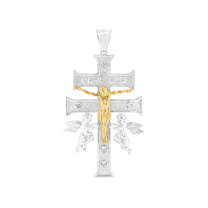 925 Sterling Silver 2 Toned Plated Caravaca Cross Clear CZ Pendant