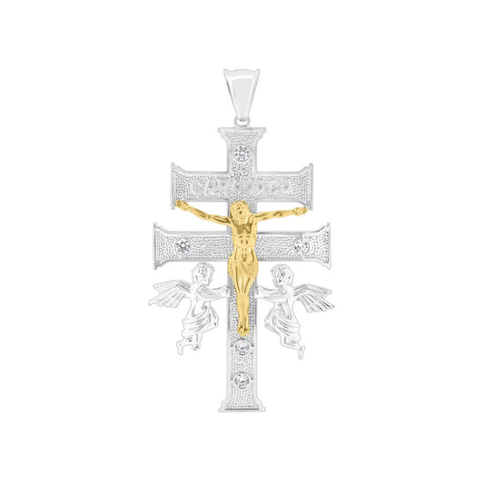 925 Sterling Silver 2 Toned Plated Caravaca Cross Clear CZ Pendant