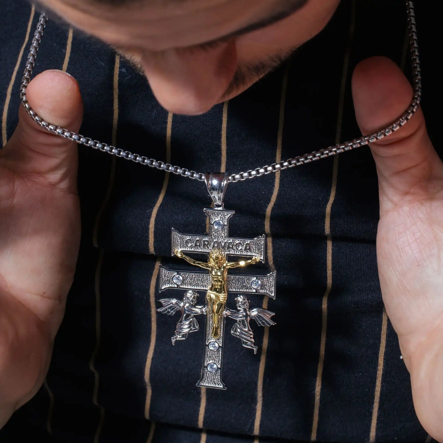 925 Sterling Silver 2 Toned Plated Caravaca Cross Clear CZ Pendant