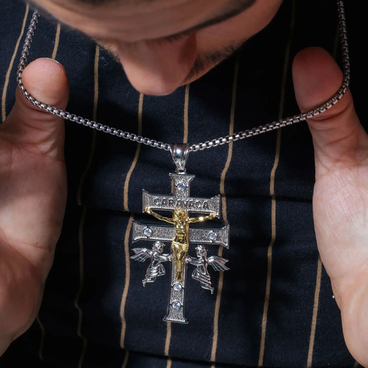 925 Sterling Silver 2 Toned Plated Caravaca Cross Clear CZ Pendant