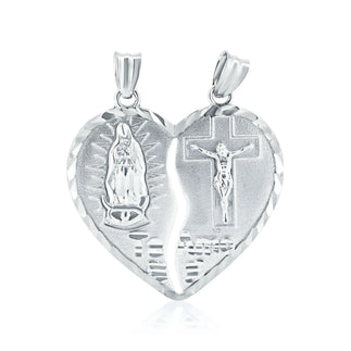 925 Sterling Silver Rhodium Plated  Unbreakable Love 3 Dimensional Guadalupe and Cross Heart Pendant