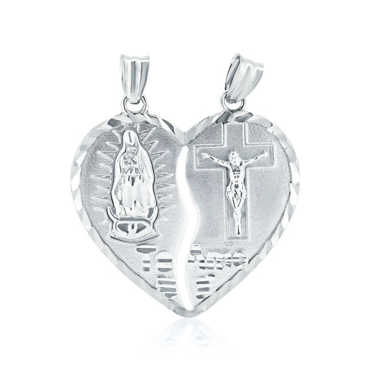 925 Sterling Silver Rhodium Plated  Unbreakable Love 3 Dimensional Guadalupe and Cross Heart Pendant