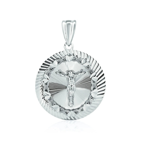 925 Sterling Silver Rhodium Plated Diamond Cut Crucifix Round Pendant