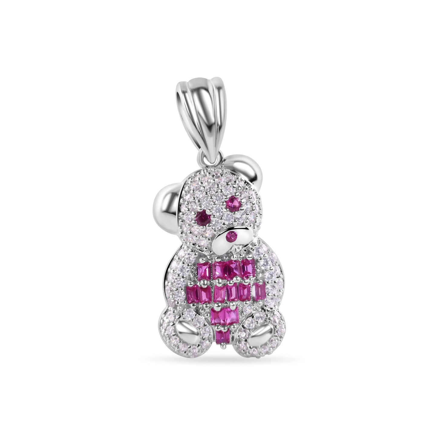 925 Sterling Silver Rhodium Plated Small 18.6mm Teddy Bear Red Baguette and Clear CZ Pendant
