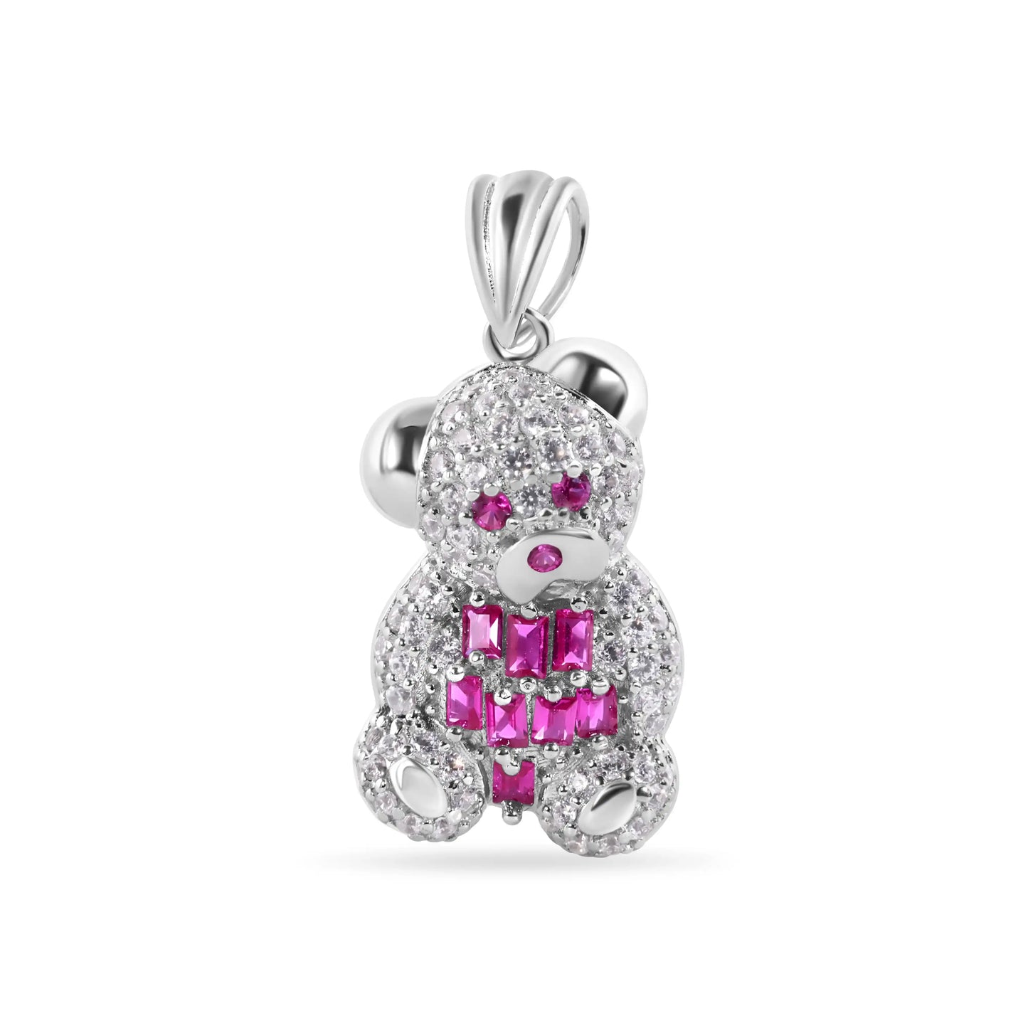 925 Sterling Silver Rhodium Plated Medium 21.1mm Teddy Bear Red Baguette and Clear CZ Pendant