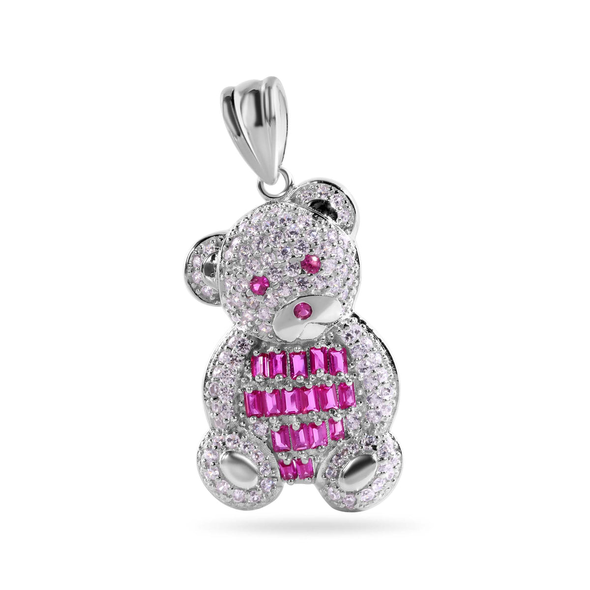 925 Sterling Silver Rhodium Plated Large 27.2mm Teddy Bear Red Baguette and Clear CZ Pendant