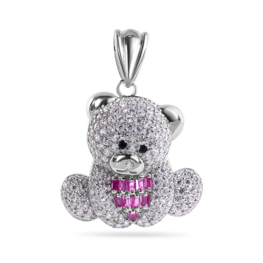 925 Sterling Silver Rhodium Plated Teddy Bear Red Baguette and Clear CZ Pendant