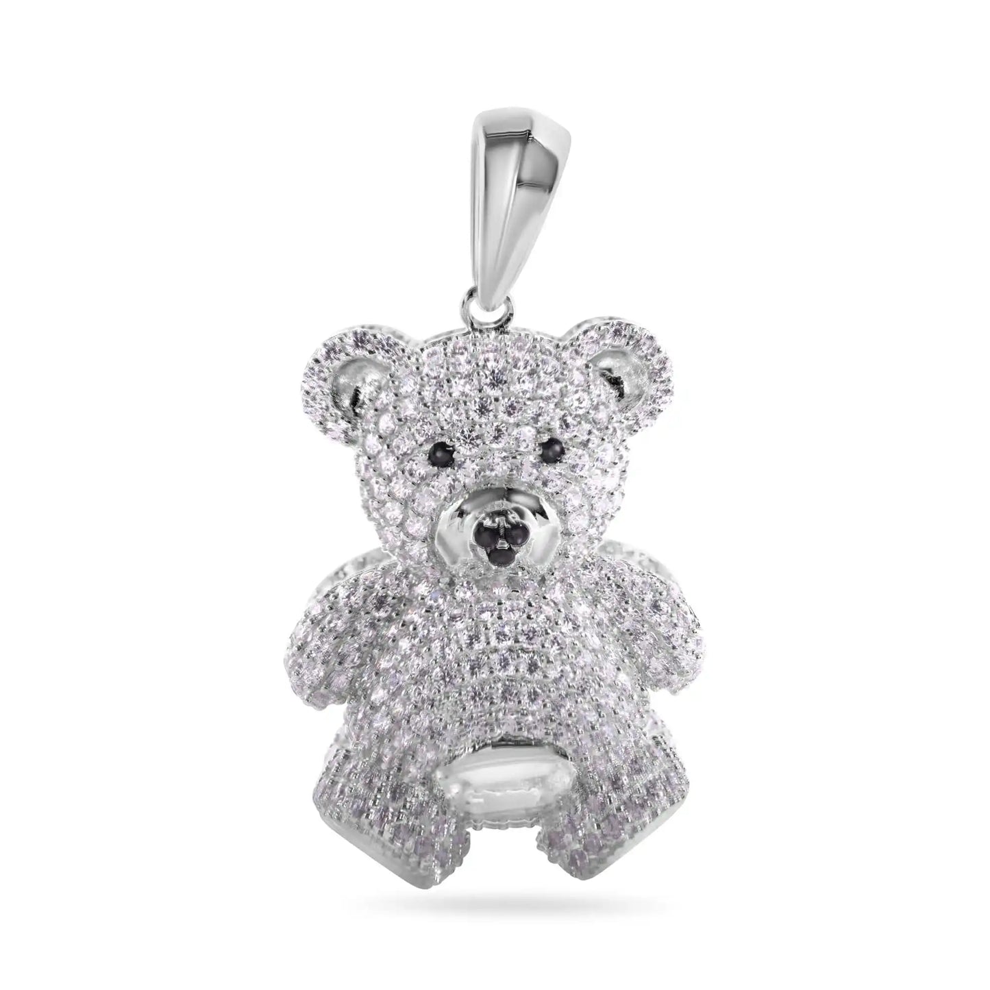 925 Sterling Silver Rhodium Plated Teddy Bear Clear and Black CZ Pendant