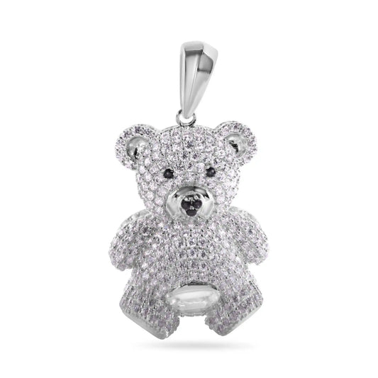 925 Sterling Silver Rhodium Plated Teddy Bear Clear and Black CZ Pendant
