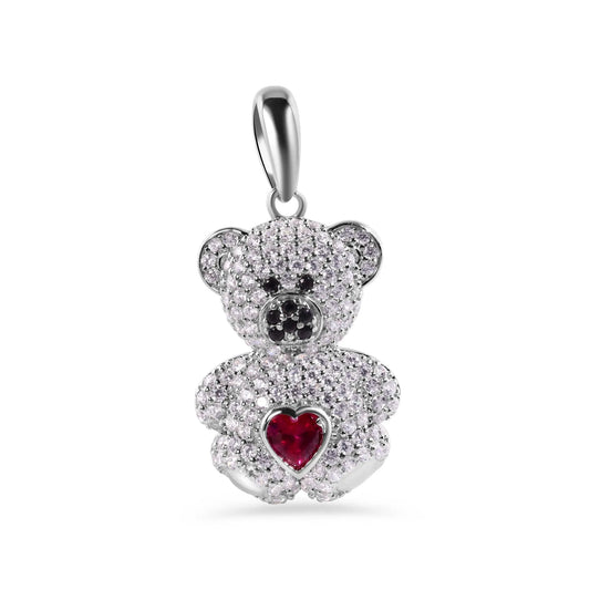 925 Sterling Silver Rhodium Plated Teddy Bear Red Heart Black and Clear CZ Pendant