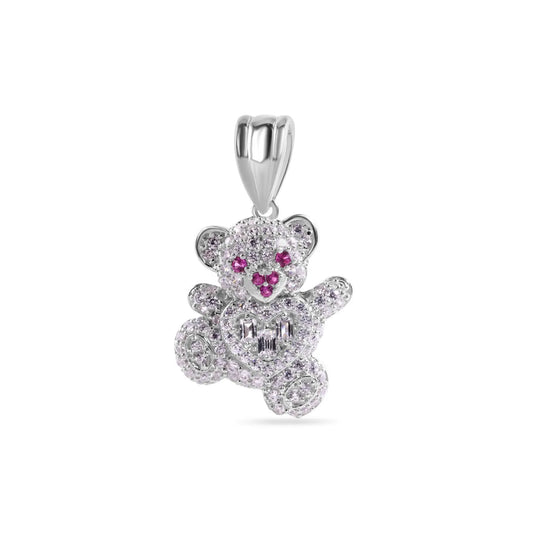 925 Sterling Silver Rhodium Plated Teddy Bear Clear Baguette Heart Red and Clear CZ Pendant