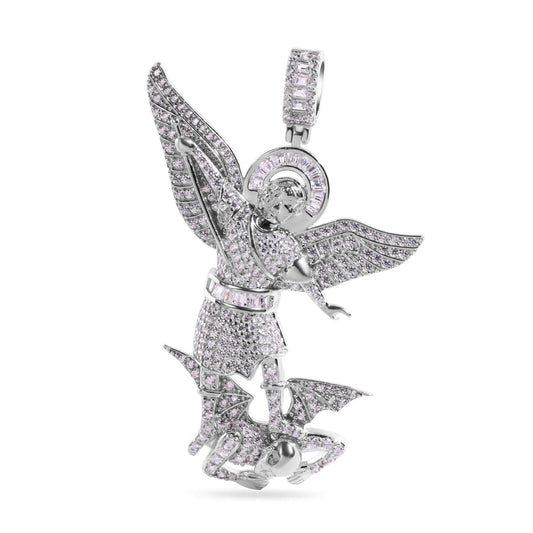 925 Sterling Silver Rhodium Plated Saint Michael Baguette Halo Clear CZ Large Pendant