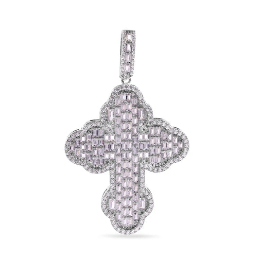 925 Sterling Silver Rhodium Plated Cathedral Cross Baguette Clear CZ Pendant