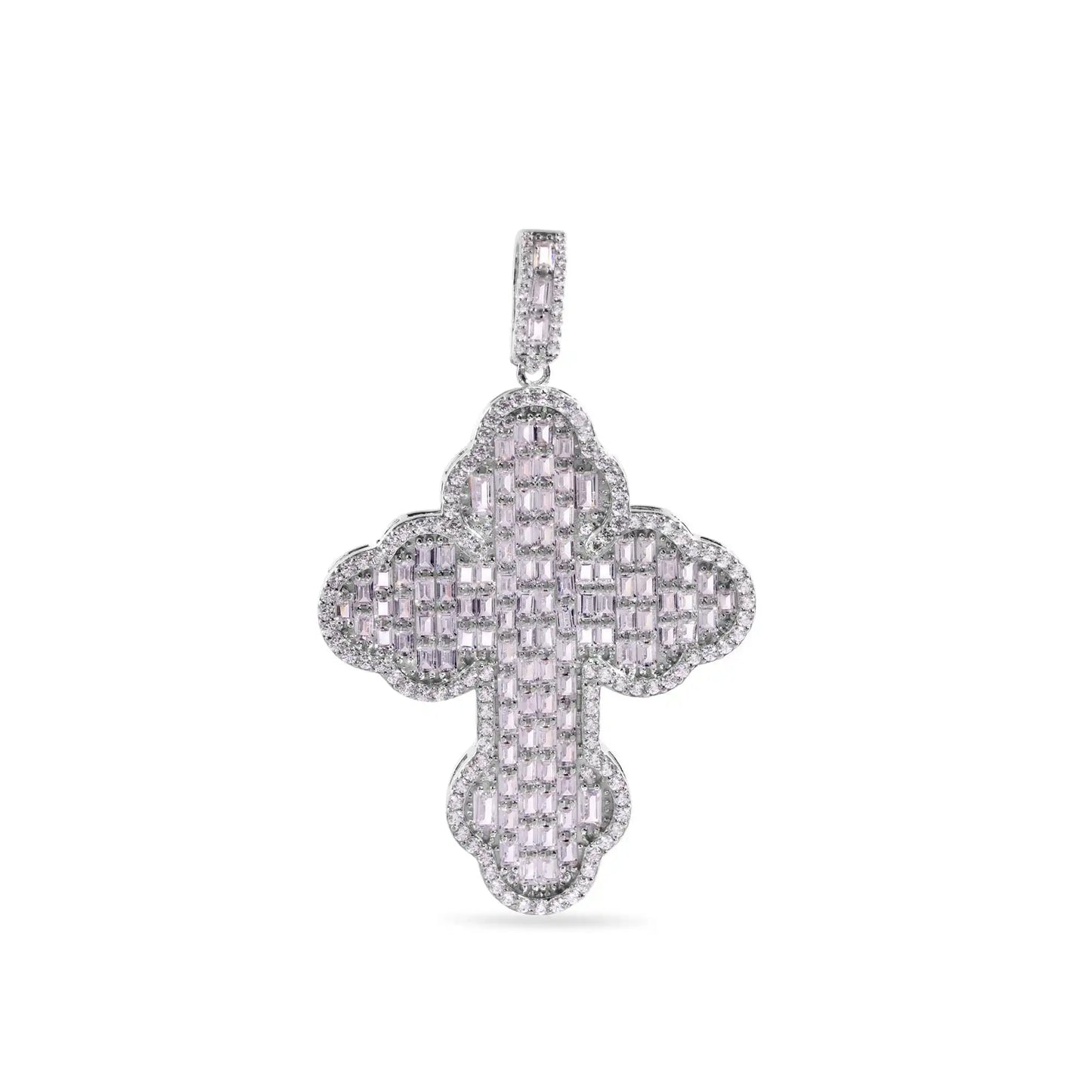 925 Sterling Silver Rhodium Plated Cathedral Cross Baguette Clear CZ Pendant