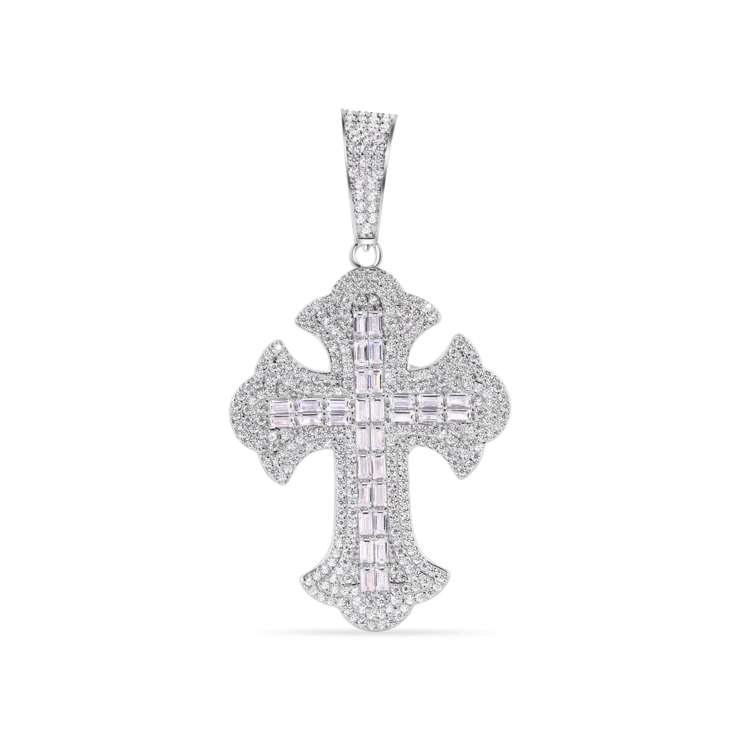 925 Sterling Silver Rhodium Plated 43.8mm Fleur De Lis Cross Baguette Cut Clear CZ Pendant