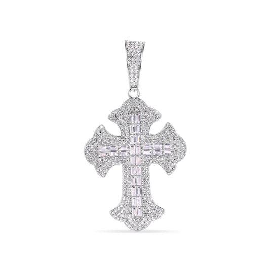 925 Sterling Silver Rhodium Plated 43.8mm Fleur De Lis Cross Baguette Cut Clear CZ Pendant