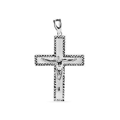 925 Sterling Silver Sandblasted Finish Diamond Cut Jesus Christ Cross Pendant