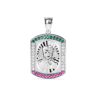 925 Sterling Silver Rhodium Plated 27.5mm Malverde Diamond Cut Green Red and Clear Pendant
