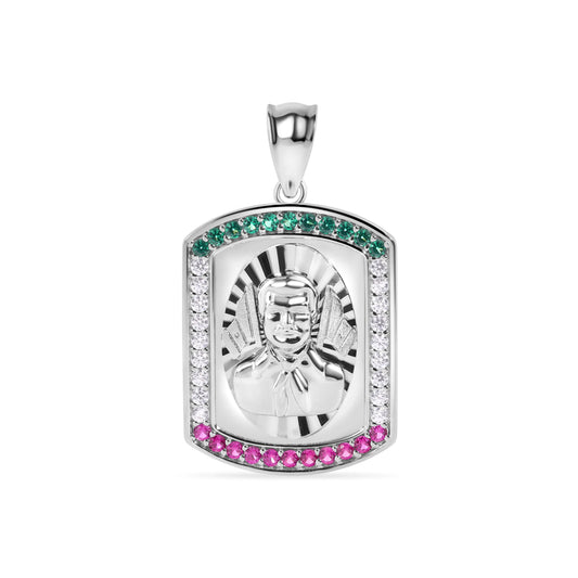 925 Sterling Silver Rhodium Plated 27.5mm Malverde Diamond Cut Green Red and Clear Pendant