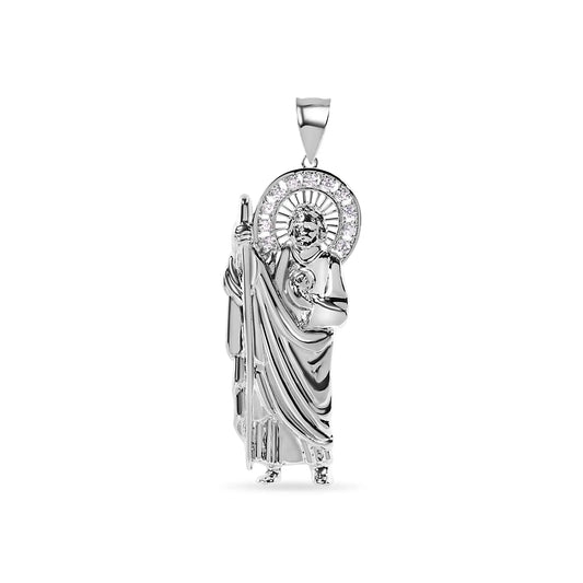 925 Sterling Silver Rhodium Plated Saint Jude Clear CZ Pendant