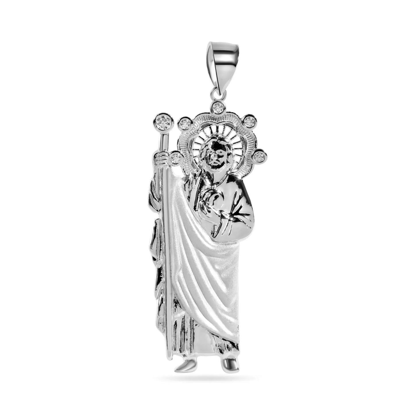 925 Sterling Silver Rhodium Plated Sandblast Saint Jude Clear CZ Pendant