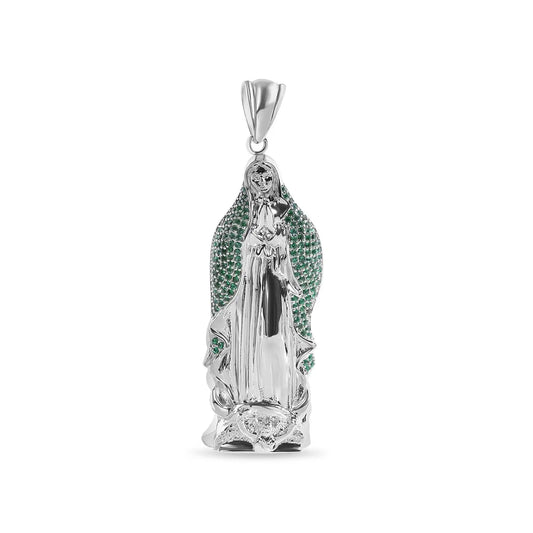 925 Sterling Silver Rhodium Plated Virgin Mary 3D Green CZ Small Pendant