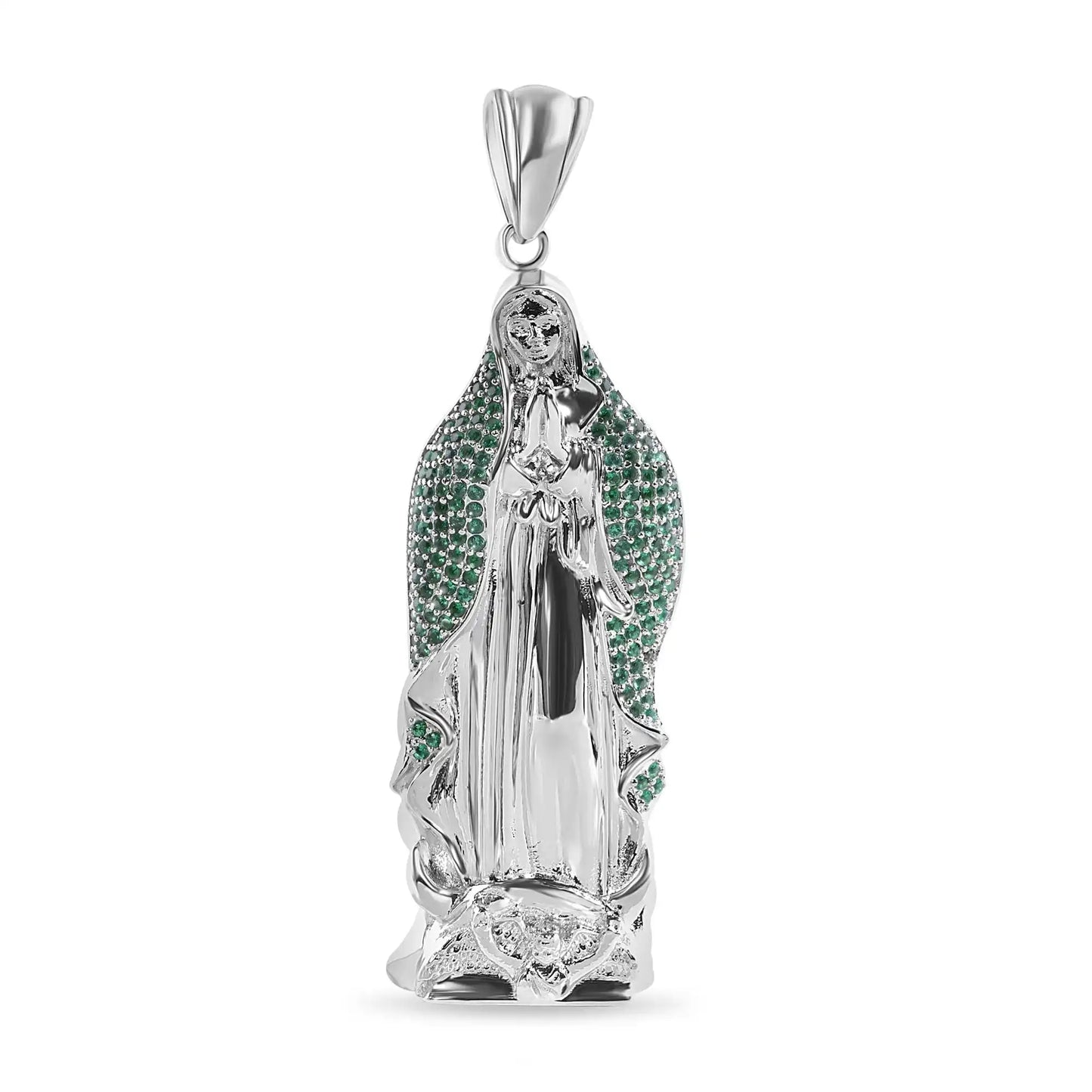 925 Sterling Silver Rhodium Plated Virgin Mary 3D Green CZ Large Pendant
