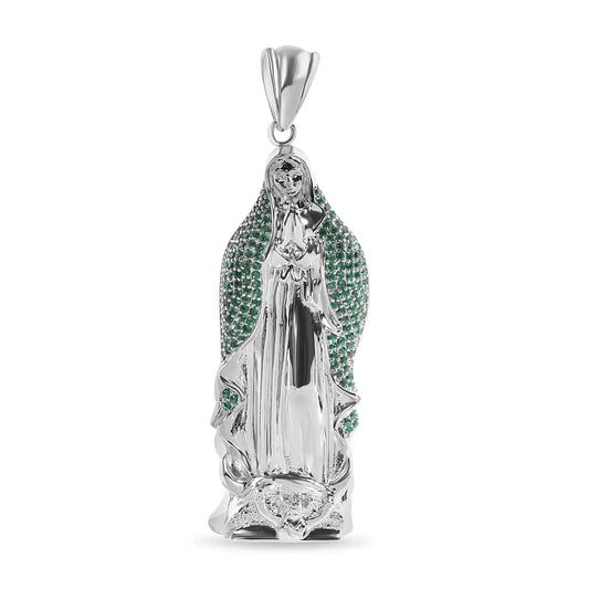 925 Sterling Silver Rhodium Plated Virgin Mary 3D Green CZ Large Pendant
