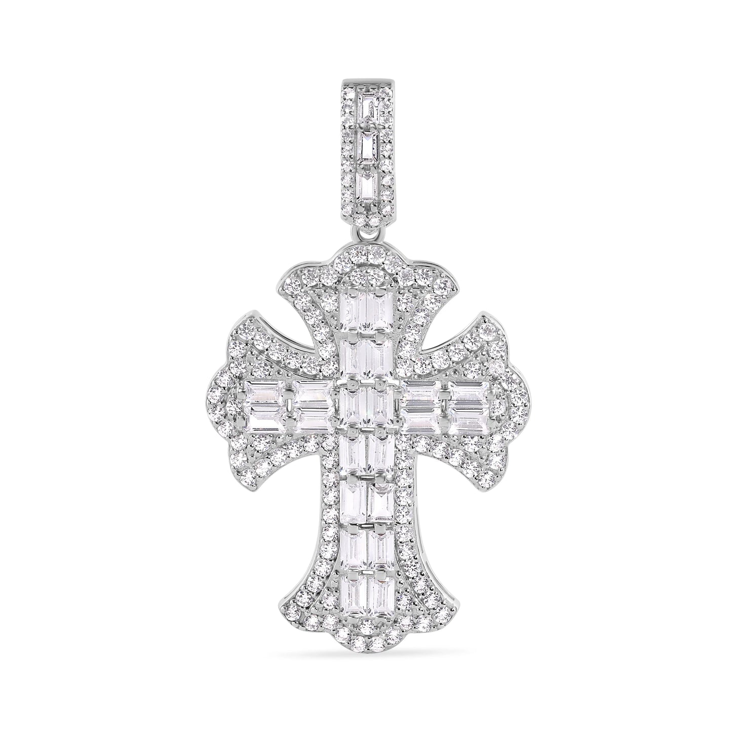 925 Sterling Silver Rhodium Plated 32.1mm Fleur De Lis Cross Baguette Cut Clear CZ Pendant