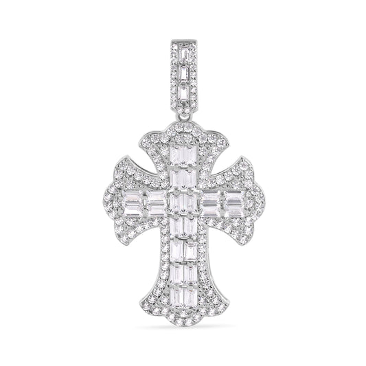 925 Sterling Silver Rhodium Plated 32.1mm Fleur De Lis Cross Baguette Cut Clear CZ Pendant