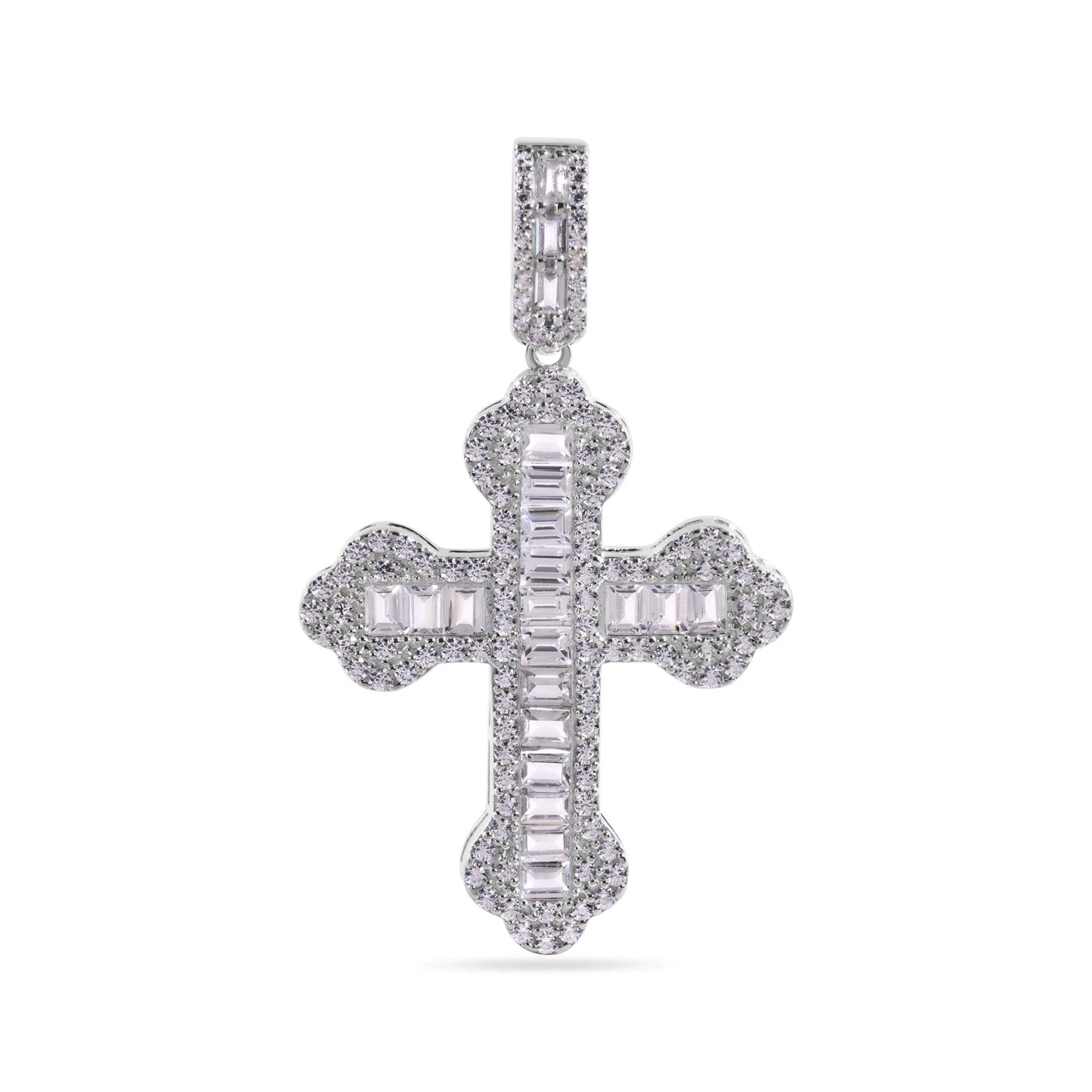 925 Sterling Silver Rhodium Plated Cross Baguette Clear CZ Pendant