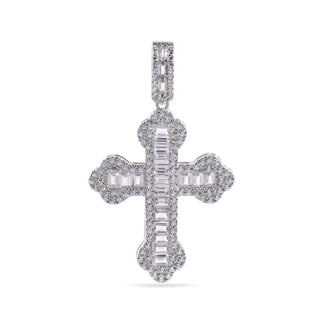 925 Sterling Silver Rhodium Plated Cross Baguette Clear CZ Pendant