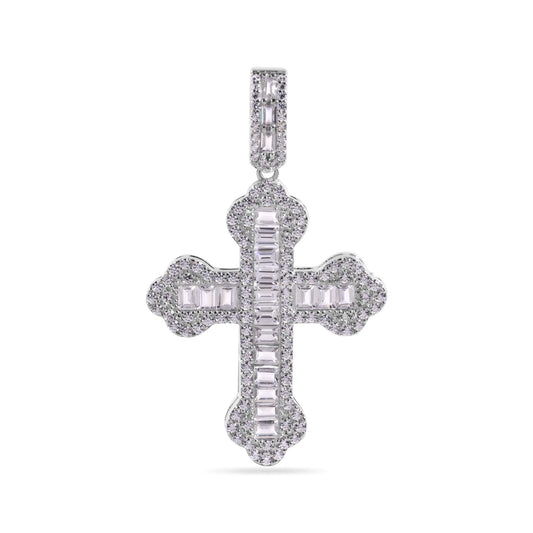 925 Sterling Silver Rhodium Plated Cross Baguette Clear CZ Pendant