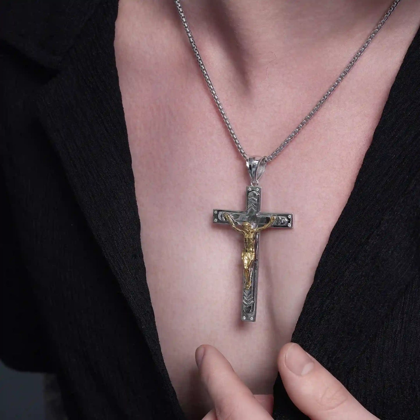 925 Sterling Silver Two Tone Plated Crucifix Cross Clear CZ 40.1mm x 62.6mm Pendant