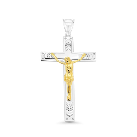 925 Sterling Silver Two Tone Plated Crucifix Cross Clear CZ 40.1mm x 62.6mm Pendant