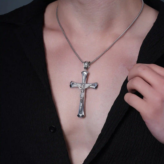 925 Sterling Silver Rhodium Plated Jesus Christ Cross Crucifix 46.5mm x 76.5mm Clear CZ Pendant