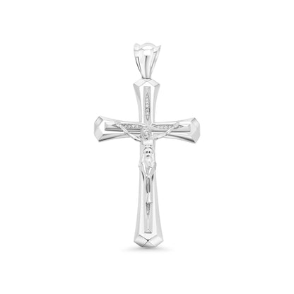 925 Sterling Silver Rhodium Plated Jesus Christ Cross Crucifix 46.5mm x 76.5mm Clear CZ Pendant