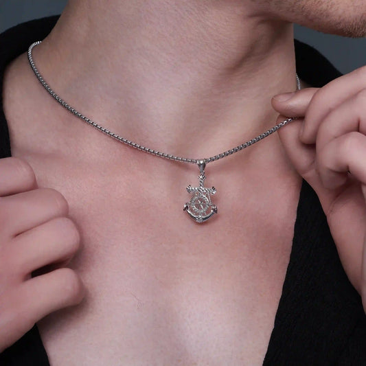 925 Sterling Silver Rhodium Plated Diamond Cut Mariner Anchor Greek Key 18.4mm x 27.3mm Pendant
