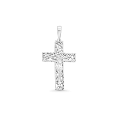 Rhodium Plated 925 Sterling Silver Diamond Cut Hollow Intersecting Pattern Cross 30.7mm x 20.5mm Pendant