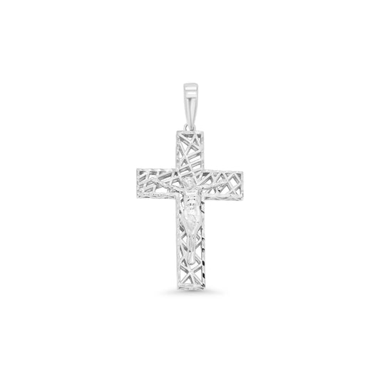 Rhodium Plated 925 Sterling Silver Diamond Cut Hollow Intersecting Pattern Cross 30.7mm x 20.5mm Pendant